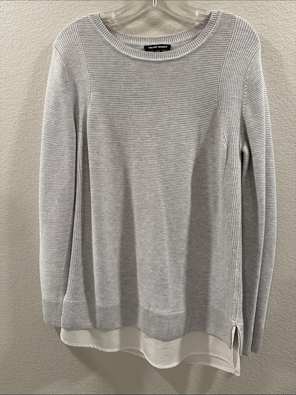 Hilary Radley Light Gray Two-Tone Crewneck Sweater with White Underlay